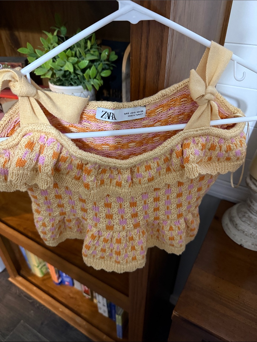 ZARA Creamy Yellow Knit Crop Top with Pink & Orange Check